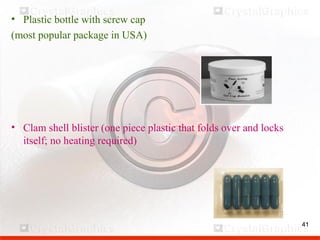4141
• Plastic bottle with screw cap
(most popular package in USA)
• Clam shell blister (one piece plastic that folds over and locks
itself; no heating required)
 