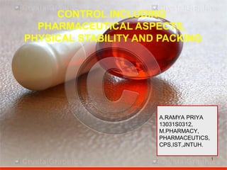 1
CONTROL INCLUDING
PHARMACEUTICAL ASPECTS,
PHYSICAL STABILITY AND PACKING
1
A.RAMYA PRIYA
13031S0312,
M.PHARMACY,
PHARMACEUTICS,
CPS,IST,JNTUH.
 