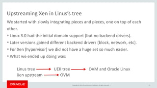 Copyright © 2014, Oracle and/or its affiliates. All rights reserved. |
Upstreaming Xen in Linus’s tree
We started with slowly integrating pieces and pieces, one on top of each
other.
 Linux 3.0 had the initial domain support (but no backend drivers).
 Later versions gained different backend drivers (block, network, etc).
 For Xen (hypervisor) we did not have a huge set so much easier.
 What we ended up doing was:
Linus tree UEK tree OVM and Oracle Linux
Xen upstream OVM
11
 