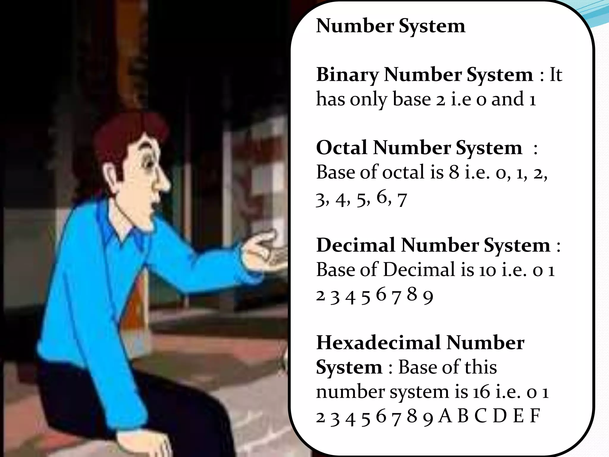 Number System 
Binary Number System : It 
has only base 2 i.e 0 and 1 
Octal Number System : 
Base of octal is 8 i.e. 0, 1, 2, 
3, 4, 5, 6, 7 
Decimal Number System : 
Base of Decimal is 10 i.e. 0 1 
2 3 4 5 6 7 8 9 
Hexadecimal Number 
System : Base of this 
number system is 16 i.e. 0 1 
2 3 4 5 6 7 8 9 A B C D E F 
 