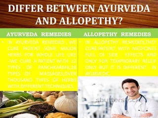 DIFFER BETWEEN AYURVEDA 
AND ALLOPETHY? 
AYURVEDA REMEDIES 
• IN AYURVEDA REMEDIES , WE 
CURE PATIENT SOME MAJOR 
HERBS FOR WHOLE LIFE LIKE 
–WE CURE A PATIENT WITH 12 
TYPES OF PANCHKARMA,28 
TYPES OF MASSAGES,OVER 
THOUSAND TYPES OF HERBS 
WITH DIFFERENT TECHNIQUES. 
ALLOPETHY REMEDIES 
• IN ALLOPETHY REMEDIES,THEY 
CURE PATIENT WITH MEDICINES 
FULL OF SIDE EFFECTS AND 
ONLY FOR TEMPRORARY RELEIF 
ONLY BUT IT IS DIFFERENT IN 
AYURVEDIC. 
 