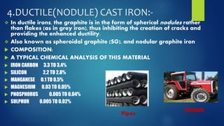 4.DUCTILE(NODULE) CAST IRON:- 
 In ductile irons, the graphite is in the form of spherical nodules rather 
than flakes (as in grey iron), thus inhibiting the creation of cracks and 
providing the enhanced ductility. 
 Also known as spheroidal graphite (SG), and nodular graphite iron 
 COMPOSITION: 
 A TYPICAL CHEMICAL ANALYSIS OF THIS MATERIAL 
 IRON CARBON 3.3 TO 3.4% 
 SILICON 2.2 TO 2.8% 
 MANGANESE 0.1 TO 0.5% 
 MAGNESIUM 0.03 TO 0.05% 
 PHOSPHORUS 0.005 TO 0.04% 
 SULPHUR 0.005 TO 0.02% 
Tracters 
Pipes 
 