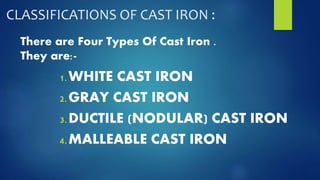 CLASSIFICATIONS OF CAST IRON : 
There are Four Types Of Cast Iron . 
They are:- 
1.WHITE CAST IRON 
2.GRAY CAST IRON 
3.DUCTILE (NODULAR) CAST IRON 
4.MALLEABLE CAST IRON 
 