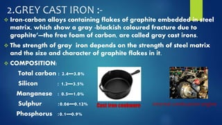 2.GREY CAST IRON :- 
 Iron-carbon alloys containing flakes of graphite embedded in steel 
matrix, which show a gray -blackish coloured fracture due to 
graphite’—the free foam of carbon, are called gray cast irons. 
 The strength of gray iron depends on the strength of steel matrix 
and the size and character of graphite flakes in it. 
 COMPOSITION: 
Total carbon : 2.4—3.8% 
Silicon : 1.2—3.5% 
Manganese : 0.5—1.0% 
Sulphur :0.06—0.12% 
Phosphorus :0.1—0.9% 
Cast iron cookware Internal combustion engine 
 