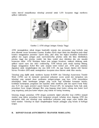 waktu interval menjadikannya teknologi potensial untuk LAN kecepatan tinggi membawa 
aplikasi multimedia. 
Gambar 2. ATM sebagai Jaringan Kinerja Tinggi 
ATM memungkinkan sirkuit dengan bandwidth terjamin dan persyaratan yang berbeda yang 
akan dibentuk secara bersamaan Layanan. Kualitas (QoS) dapat diatur dan ditetapkan pada tahap 
koneksi menggunakan parameter seperti delay, jitter delay dan tingkat kesalahan berdasarkan 
aplikasi dan negara jaringan pada saat koneksi.Dua prioritas untuk lalu lintas didefinisikan; 
prioritas tinggi dan prioritas rendah. lalu lintas rendah akan diabaikan jika ada masalah 
kemacetan saklar. ATM Meskipun bukan jenis jaringan broadcast, multicast didukung untuk 
aplikasi seperti suara dan video conferencing. ATM bekerja pada model topologi Bintang, 
dengan menggunakan Kabel fiber optic ataupun kabel twisted pair. ATM pada umumnya 
digunakan untuk menghubungkan dua atau lebih LAN. dia juga banyak dipakai oleh Internet 
Service Providers (ISP) untuk meningkatkan kecepatan akses Internet untuk klien mereka. 
Teknologi yang dipilih untuk membawa layanan B-ISDN dan Teknologi Asyncronous Transfer 
Mode (ATM) saat ini memasuki operasional pelayanan secara penuh dan merupakan satu 
teknologi yang menjadi dasar pembuatan jaringan-jaringan yang baru. ATM menyediakan 
teknologinya untuk membangun jaringan yang cocok bagi kebutuhan konsumen mereka, 
kombinasi kemampuan, pengaturan dan kapasitas untuk membawa jalur lain seperti Frame Ralay 
atau X.25 dan segala protokol seperti Internet Protocol (IP). Ini merupakan berita baik untuk 
perusahaan besar dengan hubungan fiber yang langsung tetapi kantor cabang atau kantor kecil 
yang tergantung pada jasa kantor telepon yang selama ini kurang beruntung. 
Sekarang dengan perpaduan ATM dengan asymmetric digital subscriber loop (ADSL) menjadi 
standart yang diakui, perusahaan kecil mempunyai prospek terhadap akses langsung ATM dan 
merupakan salah satu teknologi yang memberikan pelayanan yang sangat cepat melalui jalur 
kabel standart. Teknologi ini dapat menghubungkan banyak pelanggan yang berada di berbagai 
tempat. 
B. KONSEP DASAR ASYNCHRONUS TRANSFER MODE (ATM) 
 