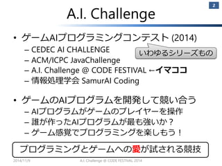 A.I. Challenge 
•ゲームAIプログラミングコンテスト(2014) 
–CEDEC AI CHALLENGE 
–ACM/ICPC JavaChallenge 
–A.I. Challenge @ CODE FESTIVAL ←イマココ 
–情報処理学会SamurAICoding 
•ゲームのAIプログラムを開発して競い合う 
–AIプログラムがゲームのプレイヤーを操作 
–誰が作ったAIプログラムが最も強いか？ 
–ゲーム感覚でプログラミングを楽しもう！ 
2 
プログラミングとゲームへの愛が試される競技 
いわゆるシリーズもの 
2014/11/9 A.I. Challenge @ CODE FESTIVAL 2014 
 
