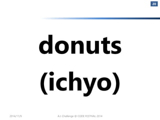 donuts 
(ichyo) 
20 
2014/11/9 A.I. Challenge @ CODE FESTIVAL 2014 
 