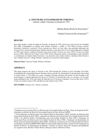 A. TITO FILHO, O ENAMORADO DE TERESINA: 
história, cidade e literatura na década de 1970 
Bárbara Bruma Rocha do Nasciment...