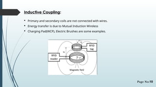 Inductive Coupling:
 Primary and secondary coils are not connected with wires.
 Energy transfer is due to Mutual Induction Wireless
 Charging Pad(WCP), Electric Brushes are some examples.
Page No:10
 