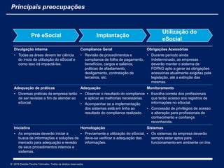 9
Pré eSocial Implantação
Utilização do
eSocial
Divulgação interna
• Todas as áreas devem ter ciência
do inicio da utilização do eSocial e
como isso irá impactá-las.
Compliance Geral
• Revisão de procedimentos e
compliance de folha de pagamento,
benefícios, cargos e salários,
práticas de afastamento,
desligamento, contratação de
terceiros, etc.
Obrigações Acessórias
• Durante período ainda
indeterminado, as empresas
deverão manter o sistema de
FOPAG apto a gerar as obrigações
acessórias atualmente exigidas pela
legislação, até a extinção das
mesmas.
Adequação de práticas
• Diversas práticas da empresa terão
de ser revistas a fim de atender ao
eSocial.
Adequação
• Observar o resultado do compliance
e aplicar as melhorias necessárias.
• Acompanhar se a implementação
dos sistemas está em linha ao
resultado do compliance realizado.
Monitoramento
• Escolha correta dos profissionais
que terão acesso aos registros de
informações no eSocial.
• Concessão de privilégios de acesso
e alteração para profissionais de
conhecimento e confiança
reconhecida.
Iniciativa
• As empresas deverão iniciar a
busca de informações e soluções de
mercado para adequação e revisão
de seus procedimentos internos e
sistemas.
Homologação
• Previamente a utilização do eSocial,
deve-se verificar a adequação das
informações.
Sistemas
• Os sistemas da empresa deverão
sempre estar aptos para
funcionamento em ambiente on line.
Principais preocupações
© 2015 Deloitte Touche Tohmatsu. Todos os direitos reservados.
 
