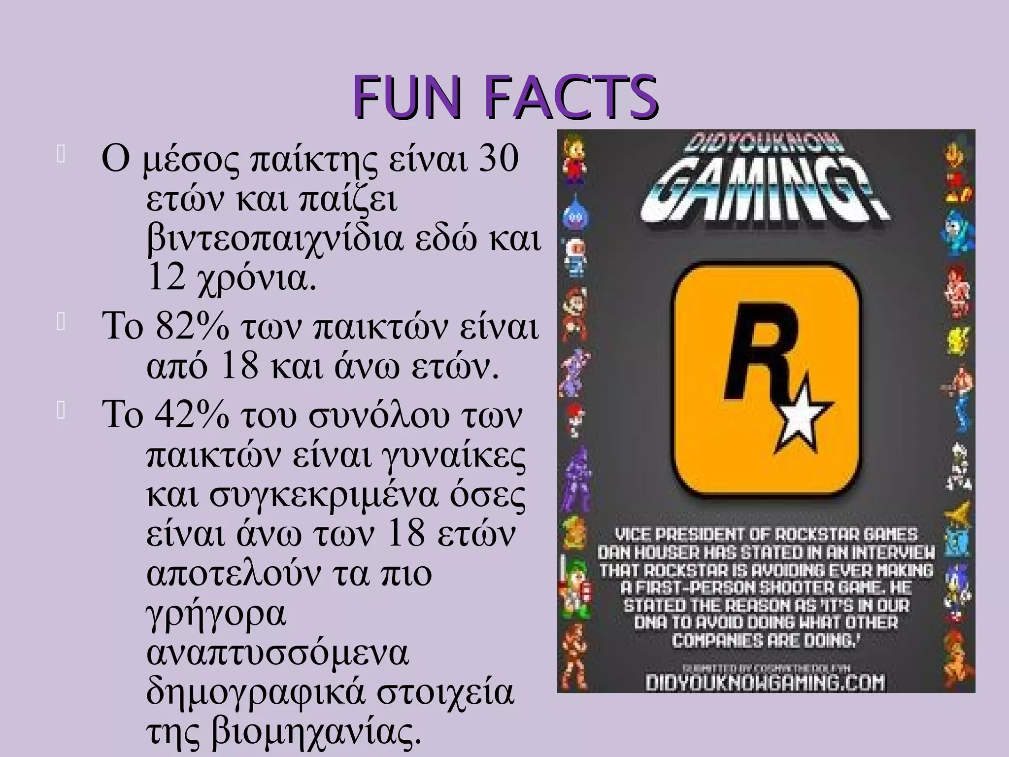 FUN FACTSFUN FACTS
 Ο μέσος παίκτης είναι 30
ετών και παίζει
βιντεοπαιχνίδια εδώ και
12 χρόνια.
 To 82% των παικτών είναι
από 18 και άνω ετών.
 To 42% του συνόλου των
παικτών είναι γυναίκες
και συγκεκριμένα όσες
είναι άνω των 18 ετών
αποτελούν τα πιο
γρήγορα
αναπτυσσόμενα
δημογραφικά στοιχεία
της βιομηχανίας.
 