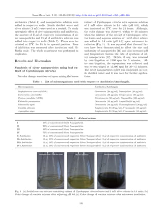 Nano-Micro Lett. 3 (3), 189-194 (2011)/ http://dx.doi.org/10.5101/nml.v3i3.p189-194
antibiotics (Table 1) and nanoparticles solution were
added in respective wells. Sterile distilled water and
silver nitrate (1 mM) were used as a control. To study
synergistic eﬀect of silver nanoparticles and antibiotics,
the mixture of 15 µl of respective concentration of sil-
ver nanoparticles and 15 µl of antibiotics solution was
added into respective wells (Table 2). Plates were in-
cubated at 37℃ for 18 hr in upward position. Zone
of inhibition was measured after incubation with Hi-
Media scale. The whole experiment was performed in
duplicates.
Results and Discussion
Synthesis of silver nanoparticles using leaf ex-
tract of Cymbopogan citratus
No color change was observed upon mixing the leaves
extract of Cymbopogan citratus with aqueous solution
of 1 mM silver nitrate in 1:4 ratio (pH 8.0), which
was incubated at 37℃ over for 24 hours. Although,
the color change was observed within 8∼10 minutes
when the mixture of the extract of Cymbopogan citra-
tus leaves and aqueous solution of 1 mM silver nitrate
was added in 1:4 ratio (pH 8.0) upon microwave ir-
radiation (Fig. 1). It was reported that thermal fac-
tors have been demonstrated to aﬀect the size and
uniformity of nanoparticles [11] and also increased pH
and temperature fastens the rate of synthesis of sil-
ver nanoparticles [12]. Debris, if any, was removed
by centrifugation at 1500 rpm for 5 minutes. Af-
ter centrifugation, the supernatant was collected and
was re-centrifuged at 13,000 rpm for 30∼45 minutes.
The silver nanoparticles pellet was suspended in ster-
ile distilled water and it was used for further applica-
tions.
Table 1 List of microorganisms used with respective Antibiotics/Antifungals.
Microorganisms Antibiotics/Antifungals
Staphylococcus aureus (MDR) Gentamicin (20 µg/ml), Tetracycline (20 µg/ml)
Escherichia coli (MDR) Gentamicin (10 µg/ml), Cefoperazone (50 µg/ml)
Proteus mirabilis (MDR) Streptomycin (50 µg/ml), Piperacillin (100 µg/ml)
Klebsiella pneumoniae Gentamicin (10 µg/ml), Ampicillin(10 µg/ml)
Salmonella typhi Gentamicin (10 µg/ml), Chloramphenicol (20 µg/ml)
Candida albicans Amphotericin B (20 µg/ml), Fluconazole (10 µg/ml)
Aspergillus niger Amphotericin B (20 µg/ml), Fluconazole (10 µg/ml)
Table 2 Abbreviations.
I 10% of concentrated Silver Nanoparticles
II 25% of concentrated Silver Nanoparticles
III 50% of concentrated Silver Nanoparticles
IV 75% of concentrated Silver Nanoparticles
I+Antibiotics 15 µl, 10% of concentrated respective Silver Nanoparticles+15 µl of respective concentration of antibiotic
II+Antibiotics 15 µl, 25% of concentrated respective Silver Nanoparticles+15 µl of respective concentration of antibiotic
III+Antibiotics 15 µl, 50% of concentrated respective Silver Nanoparticles+15 µl of respective concentration of antibiotic
IV+Antibiotics 15 µl, 10% of concentrated respective Silver Nanoparticles+15 µl of respective concentration of antibiotic
Fig. 1 (a) Initial reaction mixture containing extract of Cymbopogan citratus leaves and 1 mM silver nitrate in 1:4 ratio; (b)
Color change of reaction mixture after adjusting pH 8.0; (c) Color change of reaction mixture after microwave irradiation.
191
 