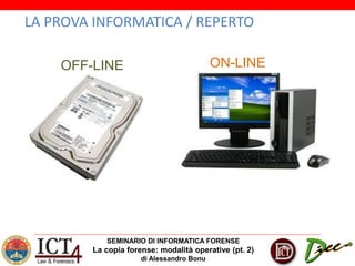 SEMINARIO DI INFORMATICA FORENSE
La copia forense: modalità operative (pt. 2)
di Alessandro Bonu
LA PROVA INFORMATICA / REPERTO
OFF-LINE ON-LINE
 
