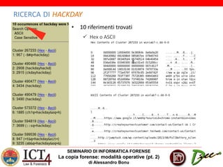 SEMINARIO DI INFORMATICA FORENSE
La copia forense: modalità operative (pt. 2)
di Alessandro Bonu
RICERCA DI HACKDAY
• 10 riferimenti trovati
 Hex o ASCII
 