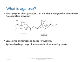 What is agarose?
• it is a polymer of D,L galactose and it is a heteropolysaccharide extracted
from red algae seaweed.
• Low electro endosmosis and good for working.
• Agarose has large range of separation but low resolving power.
26/04/14
PGS 504{0+1} BASIC CONCEPTS IN LABORATORY
TECHNIQUES
3
 