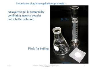 Procedures of agarose gel electrophoresis:-
An agarose gel is prepared by
combining agarose powder
and a buffer solution.
Agarose
Buffer
Flask for boiling
26/04/14
PGS 504{0+1} BASIC CONCEPTS IN LABORATORY
TECHNIQUES
5
 