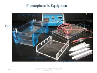 Casting tray
Gel combs
Power supply
Gel tank Cover
Electrical leads

Electrophoresis Equipment
26/04/14
PGS 504{0+1} BASIC CONCEPTS IN LABORATORY
TECHNIQUES
6
 