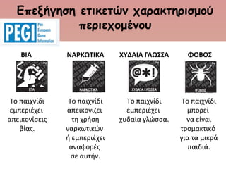 Επεξήγηση ετικετών χαρακτηρισμού
περιεχομένου
ΒΙΑ   ΝΑΡΚΩΤΙΚΑ   ΧΥΔΑΙΑ ΓΛΩΣΣΑ   ΦΟΒΟΣ
Το παιχνίδι 
εμπεριέχει 
απεικονίσεις 
βίας.
  
Το παιχνίδι 
απεικονίζει 
τη χρήση 
ναρκωτικών 
ή εμπεριέχει 
αναφορές 
σε αυτήν.
Το παιχνίδι 
εμπεριέχει 
χυδαία γλώσσα.
 
Το παιχνίδι 
μπορεί 
να είναι 
τρομακτικό 
για τα μικρά 
παιδιά.
 