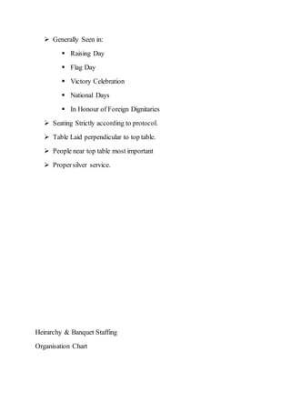  Generally Seen in:
 Raising Day
 Flag Day
 Victory Celebration
 National Days
 In Honour of Foreign Dignitaries
 Seating Strictly according to protocol.
 Table Laid perpendicular to top table.
 People near top table most important
 Propersilver service.
Heirarchy & Banquet Staffing
Organisation Chart
 