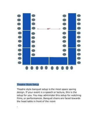 Theatre Style Setup
Theatre style banquet setup is the most space saving
design. If your event is a speech or lecture, this is the
setup for you. You may administer this setup for watching
films, or performances. Banquet chairs are faced towards
the head table in front of the room
.
 
