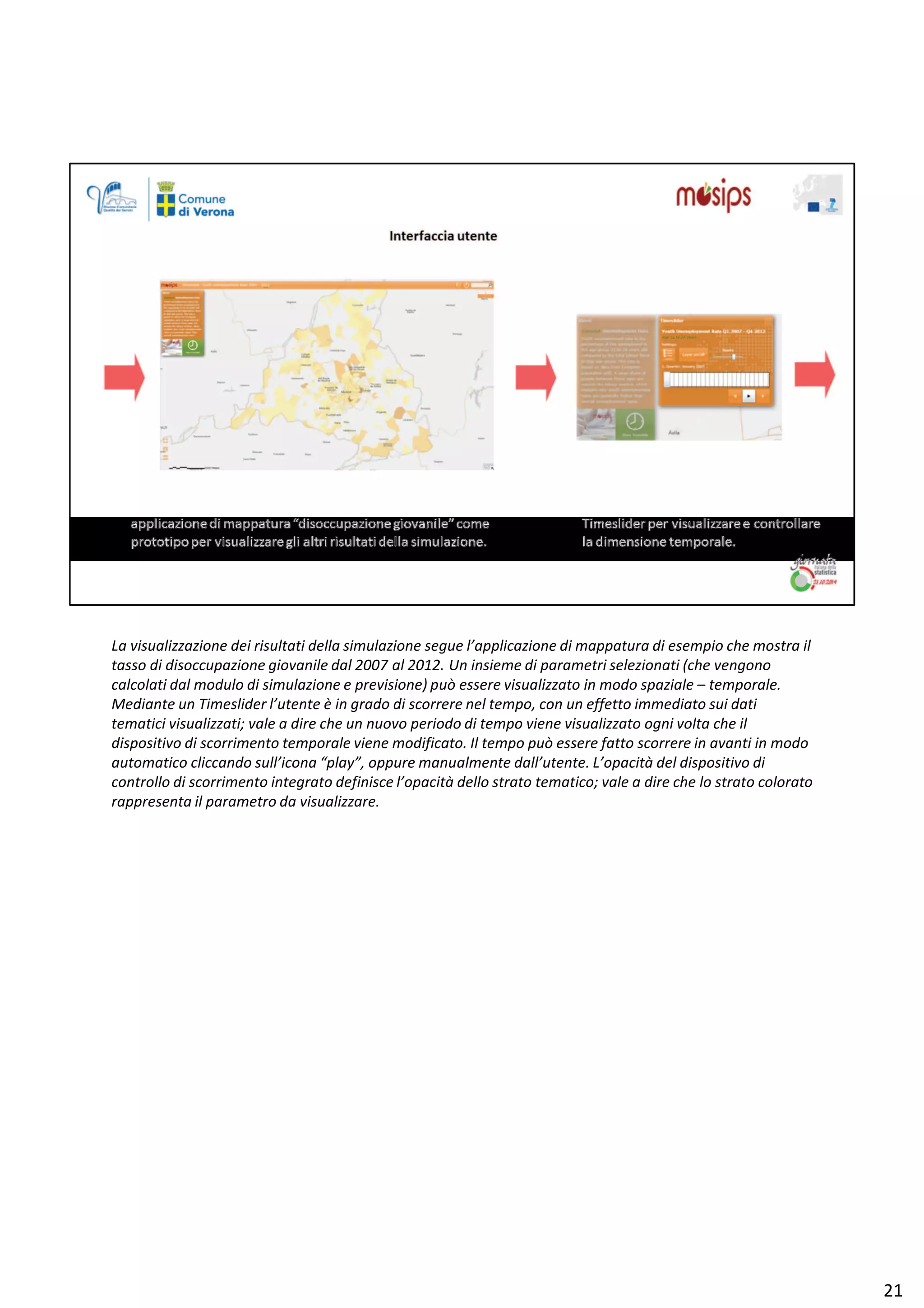 Ă ǀŝƐƵĂůŝǌǌĂǌŝŽŶĞ ĚĞŝ ƌŝƐƵůƚĂƚŝ ĚĞůůĂ ƐŝŵƵůĂǌŝŽŶĞ ƐĞŐƵĞ ů͛ĂƉƉůŝĐĂǌŝŽŶĞ Ěŝ ŵĂƉƉĂƚƵƌĂ Ěŝ ĞƐĞŵƉŝŽ ĐŚĞ ŵŽƐƚƌĂ ŝů
ƚĂƐƐŽ Ěŝ ĚŝƐŽĐĐƵƉĂǌŝŽŶĞ ŐŝŽǀĂŶŝůĞ ĚĂů ϮϬϬϳ Ăů ϮϬϭϮ͘ hŶ ŝŶƐŝĞŵĞ Ěŝ ƉĂƌĂŵĞƚƌŝ ƐĞůĞǌŝŽŶĂƚŝ ;ĐŚĞ ǀĞŶŐŽŶŽ
ĐĂůĐŽůĂƚŝ ĚĂů ŵŽĚƵůŽ Ěŝ ƐŝŵƵůĂǌŝŽŶĞ Ğ ƉƌĞǀŝƐŝŽŶĞͿ ƉƵž ĞƐƐĞƌĞ ǀŝƐƵĂůŝǌǌĂƚŽ ŝŶ ŵŽĚŽ ƐƉĂǌŝĂůĞ ʹ ƚĞŵƉŽƌĂůĞ͘
DĞĚŝĂŶƚĞ ƵŶ dŝŵĞƐůŝĚĞƌ ů͛ƵƚĞŶƚĞ ğ ŝŶ ŐƌĂĚŽ Ěŝ ƐĐŽƌƌĞƌĞ ŶĞů ƚĞŵƉŽ͕ ĐŽŶ ƵŶ ĞĨĨĞƚƚŽ ŝŵŵĞĚŝĂƚŽ ƐƵŝ ĚĂƚŝ
ƚĞŵĂƚŝĐŝ ǀŝƐƵĂůŝǌǌĂƚŝ͖ ǀĂůĞ Ă ĚŝƌĞ ĐŚĞ ƵŶ ŶƵŽǀŽ ƉĞƌŝŽĚŽ Ěŝ ƚĞŵƉŽ ǀŝĞŶĞ ǀŝƐƵĂůŝǌǌĂƚŽ ŽŐŶŝ ǀŽůƚĂ ĐŚĞ ŝů
ĚŝƐƉŽƐŝƚŝǀŽ Ěŝ ƐĐŽƌƌŝŵĞŶƚŽ ƚĞŵƉŽƌĂůĞ ǀŝĞŶĞ ŵŽĚŝĨŝĐĂƚŽ͘ /ů ƚĞŵƉŽ ƉƵž ĞƐƐĞƌĞ ĨĂƚƚŽ ƐĐŽƌƌĞƌĞ ŝŶ ĂǀĂŶƚŝ ŝŶ ŵŽĚŽ
ĂƵƚŽŵĂƚŝĐŽ ĐůŝĐĐĂŶĚŽ ƐƵůů͛ŝĐŽŶĂ ͞ƉůĂǇ͕͟ ŽƉƉƵƌĞ ŵĂŶƵĂůŵĞŶƚĞ ĚĂůů͛ƵƚĞŶƚĞ͘ ͛ŽƉĂĐŝƚă ĚĞů ĚŝƐƉŽƐŝƚŝǀŽ Ěŝ
ĐŽŶƚƌŽůůŽ Ěŝ ƐĐŽƌƌŝŵĞŶƚŽ ŝŶƚĞŐƌĂƚŽ ĚĞĨŝŶŝƐĐĞ ů͛ŽƉĂĐŝƚă ĚĞůůŽ ƐƚƌĂƚŽ ƚĞŵĂƚŝĐŽ͖ ǀĂůĞ Ă ĚŝƌĞ ĐŚĞ ůŽ ƐƚƌĂƚŽ ĐŽůŽƌĂƚŽ
ƌĂƉƉƌĞƐĞŶƚĂ ŝů ƉĂƌĂŵĞƚƌŽ ĚĂ ǀŝƐƵĂůŝǌǌĂƌĞ͘
Ϯϭ
 