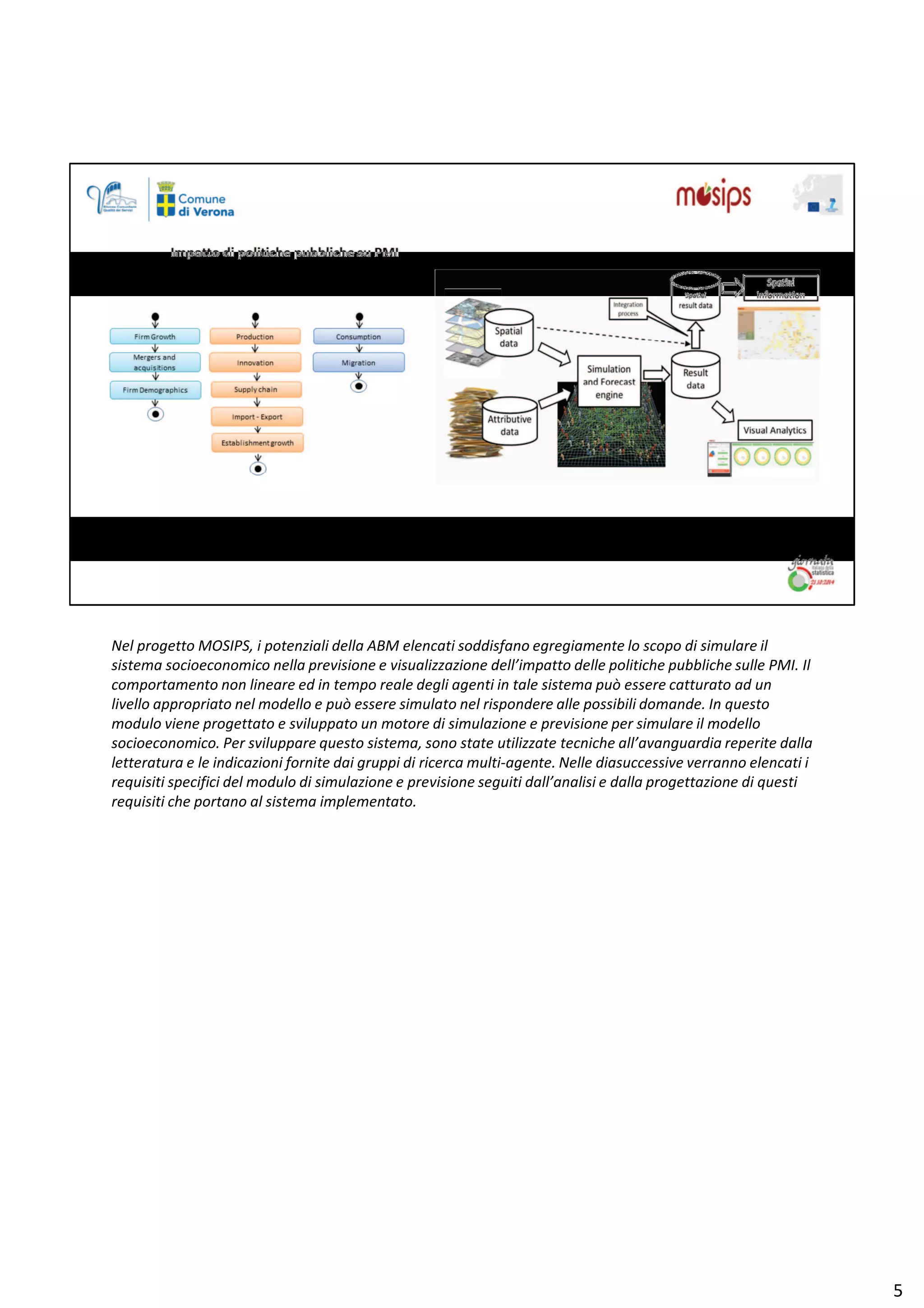 EĞů ƉƌŽŐĞƚƚŽ DK^/W^͕ ŝ ƉŽƚĞŶǌŝĂůŝ ĚĞůůĂ D ĞůĞŶĐĂƚŝ ƐŽĚĚŝƐĨĂŶŽ ĞŐƌĞŐŝĂŵĞŶƚĞ ůŽ ƐĐŽƉŽ Ěŝ ƐŝŵƵůĂƌĞ ŝů
ƐŝƐƚĞŵĂ ƐŽĐŝŽĞĐŽŶŽŵŝĐŽ ŶĞůůĂ ƉƌĞǀŝƐŝŽŶĞ Ğ ǀŝƐƵĂůŝǌǌĂǌŝŽŶĞ ĚĞůů͛ŝŵƉĂƚƚŽ ĚĞůůĞ ƉŽůŝƚŝĐŚĞ ƉƵďďůŝĐŚĞ ƐƵůůĞ WD/͘ /ů
ĐŽŵƉŽƌƚĂŵĞŶƚŽ ŶŽŶ ůŝŶĞĂƌĞ ĞĚ ŝŶ ƚĞŵƉŽ ƌĞĂůĞ ĚĞŐůŝ ĂŐĞŶƚŝ ŝŶ ƚĂůĞ ƐŝƐƚĞŵĂ ƉƵž ĞƐƐĞƌĞ ĐĂƚƚƵƌĂƚŽ ĂĚ ƵŶ
ůŝǀĞůůŽ ĂƉƉƌŽƉƌŝĂƚŽ ŶĞů ŵŽĚĞůůŽ Ğ ƉƵž ĞƐƐĞƌĞ ƐŝŵƵůĂƚŽ ŶĞů ƌŝƐƉŽŶĚĞƌĞ ĂůůĞ ƉŽƐƐŝďŝůŝ ĚŽŵĂŶĚĞ͘ /Ŷ ƋƵĞƐƚŽ
ŵŽĚƵůŽ ǀŝĞŶĞ ƉƌŽŐĞƚƚĂƚŽ Ğ ƐǀŝůƵƉƉĂƚŽ ƵŶ ŵŽƚŽƌĞ Ěŝ ƐŝŵƵůĂǌŝŽŶĞ Ğ ƉƌĞǀŝƐŝŽŶĞ ƉĞƌ ƐŝŵƵůĂƌĞ ŝů ŵŽĚĞůůŽ
ƐŽĐŝŽĞĐŽŶŽŵŝĐŽ͘ WĞƌ ƐǀŝůƵƉƉĂƌĞ ƋƵĞƐƚŽ ƐŝƐƚĞŵĂ͕ ƐŽŶŽ ƐƚĂƚĞ ƵƚŝůŝǌǌĂƚĞ ƚĞĐŶŝĐŚĞ Ăůů͛ĂǀĂŶŐƵĂƌĚŝĂ ƌĞƉĞƌŝƚĞ ĚĂůůĂ
ůĞƚƚĞƌĂƚƵƌĂ Ğ ůĞ ŝŶĚŝĐĂǌŝŽŶŝ ĨŽƌŶŝƚĞ ĚĂŝ ŐƌƵƉƉŝ Ěŝ ƌŝĐĞƌĐĂ ŵƵůƚŝͲĂŐĞŶƚĞ͘ EĞůůĞ ĚŝĂƐƵĐĐĞƐƐŝǀĞ ǀĞƌƌĂŶŶŽ ĞůĞŶĐĂƚŝ ŝ
ƌĞƋƵŝƐŝƚŝ ƐƉĞĐŝĨŝĐŝ ĚĞů ŵŽĚƵůŽ Ěŝ ƐŝŵƵůĂǌŝŽŶĞ Ğ ƉƌĞǀŝƐŝŽŶĞ ƐĞŐƵŝƚŝ ĚĂůů͛ĂŶĂůŝƐŝ Ğ ĚĂůůĂ ƉƌŽŐĞƚƚĂǌŝŽŶĞ Ěŝ ƋƵĞƐƚŝ
ƌĞƋƵŝƐŝƚŝ ĐŚĞ ƉŽƌƚĂŶŽ Ăů ƐŝƐƚĞŵĂ ŝŵƉůĞŵĞŶƚĂƚŽ͘
ϱ
 