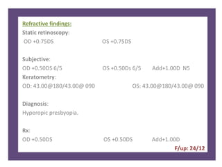 Refractive findings:
Static retinoscopy:
OD +0.75DS OS +0.75DS
Subjective:
OD +0.50DS 6/5 OS +0.50Ds 6/5 Add+1.00D N5
Keratometry:
OD: 43.00@180/43.00@ 090 OS: 43.00@180/43.00@ 090
Diagnosis:
Hyperopic presbyopia.
Rx:
OD +0.50DS OS +0.50DS Add+1.00D
F/up: 24/12
 