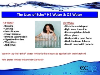 The Uses of Echo® H2 Water & O2 Water
H2 Water-
- Drinking
- Cooking
- Detoxification
- Energy increase
- Immune system boost
- Digestive disorders
- Weight loss
- Acid reflux
O2 Water
- Wash face- astringent
- Fight acne; tone skin
- Rinse vegetables & fruit
- Water plants
- Heal cuts & scrapes faster
- Heal skin issues & burns
- Mouth rinse to kill bacteria
Women say their Echo® Water Ionizer is the most used appliance in their kitchen!
Pets prefer ionized water over tap water
 