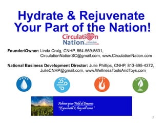 17
Hydrate & Rejuvenate
Your Part of the Nation!
Founder/Owner: Linda Craig, CNHP, 864-569-8631,
CirculationNationSC@gmail.com, www.CirculationNation.com
National Business Development Director: Julie Phillips, CNHP, 813-695-4372,
JulieCNHP@gmail.com, www.WellnessToolsAndToys.com
Achieve your Field of Dreams:
“If you build it, they will come.”
 