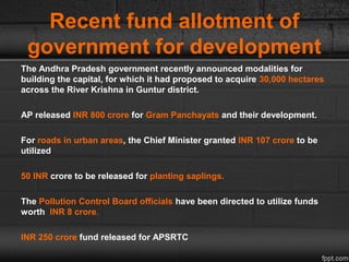 Recent fund allotment of
government for development
The Andhra Pradesh government recently announced modalities for
buildi...