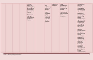 Grade 5 / Araling Panlipunan Syllabus 6
Pilipinas.
Masuri nag
pakikipaglabang
ginawang mga
Pilipinolaban
pamahalaanng
Espanya.
Maunawaan
ang naging
sanhi at bunga
ng labanansa
Mactan.
Bakit
nagkaroonng
labanansa
Mactan?
Paaano
ipinaglaban
ng mga
sinaunang
Pilipinoang
bansa laban
sa mga
Espanyol?
magandang
sitwasyon.
n ang
ekspedisyonni
Magellansa
kasaysayanng
daigdig.
Nakikilalaang
mga mahalagang
tao sa
kasaysayan.
barangay.Ikaw,
paano mo
ipakikitaang
iyongpagiging
magiliwsaiyong
mga panauhin?
Kalagayan2 –
Ipinagtanggol ni
Lapu-lapuang
kayang
nasasakupansa
mga mananakop.
Ikaw,paanomo
ipagtatanggol
ang iyongmga
kamag-aral sa
mga bullies?
Gawain2:
Gumawa ngisang
board game na
ang nilalamanay
ang mga
mahahalagang
pangyayari at
pananakopng
mga Espanyol sa
bansa.Pag-
usapannang
hustoang
konseptoat
disenyong
gagawingboard
game.Ilagayito
sa isang
illustrationboard
 
