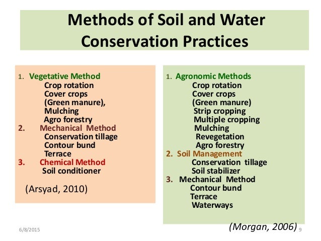 methods of oil conservation Some of the methods that must be adopted for conserving soil are as follows: 1 afforestation 2 checking overgrazing 3 constructing dams 4 changing agricultural practices soil conservation includes all those measures which help in protecting the soil from erosion and exhaustion soil erosion has. methods of oil conservation Some of the methods that must be adopted for conserving soil are as follows: 1 afforestation 2 checking overgrazing 3 constructing dams 4 changing agricultural practices soil conservation includes all those measures which help in protecting the soil from erosion and exhaustion soil erosion has.