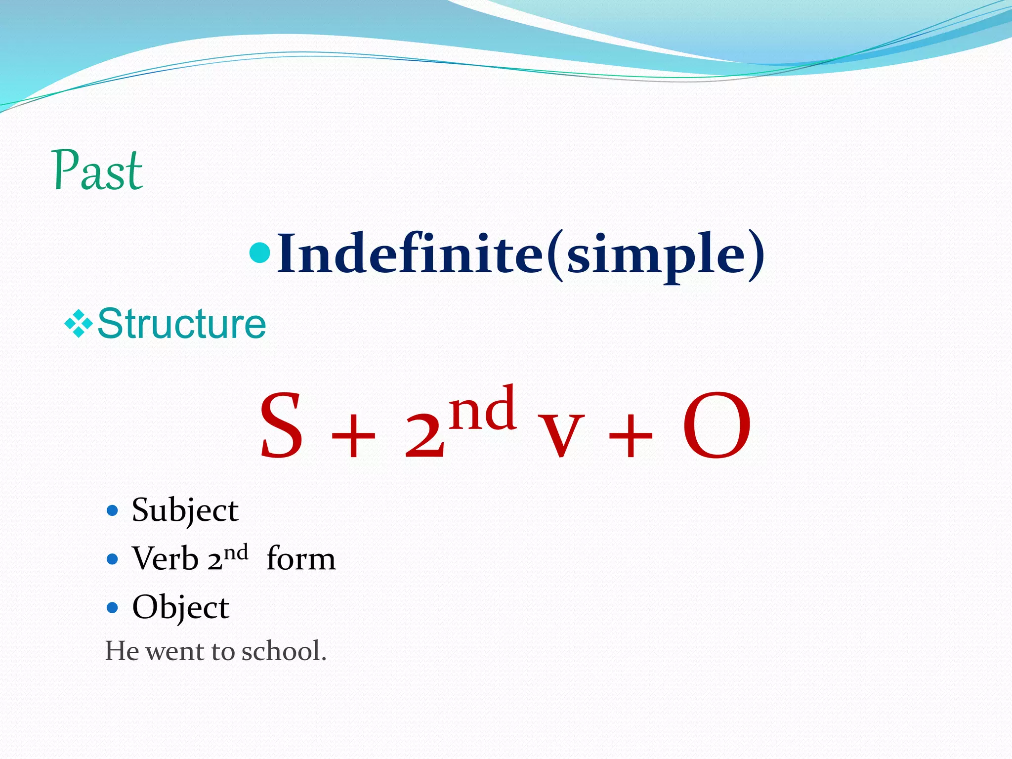 Past
Indefinite(simple)
Structure
S + 2nd v + O
 Subject
 Verb 2nd form
 Object
He went to school.
 