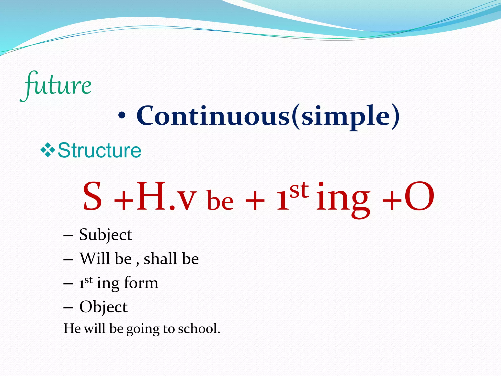 future
• Continuous(simple)
Structure
S +H.v be + 1st ing +O
– Subject
– Will be , shall be
– 1st ing form
– Object
He will be going to school.
 