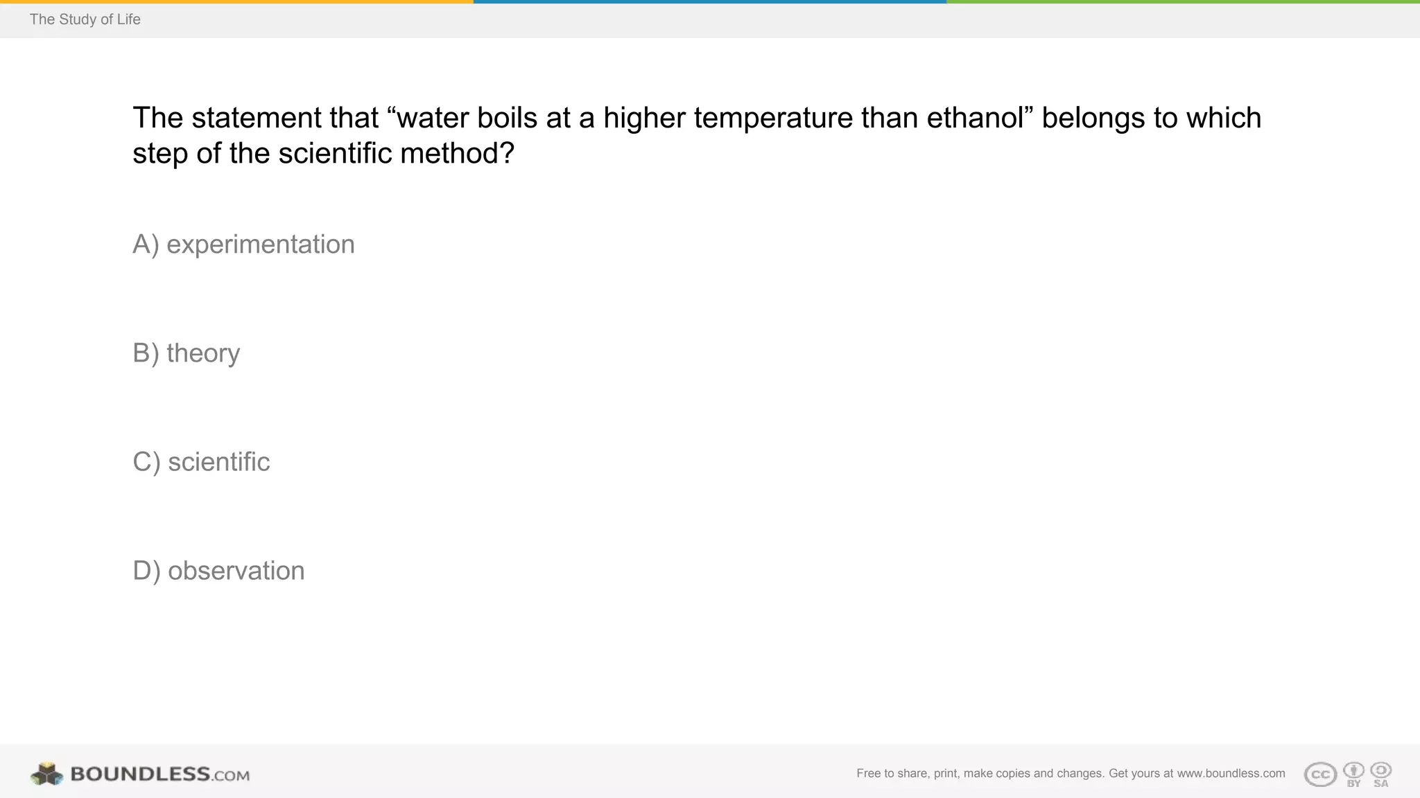 Free to share, print, make copies and changes. Get yours at www.boundless.com
The Study of Life
The statement that “water boils at a higher temperature than ethanol” belongs to which
step of the scientific method?
A) experimentation
B) theory
C) scientific
D) observation
 