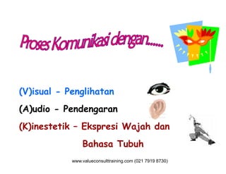 (V)isual - Penglihatan(V)isual - Penglihatan
(A)udio - Pendengaran
(K)inestetik – Ekspresi Wajah dan
Bahasa Tubuh
www.valueconsulttraining.com (021 7919 8730)
 