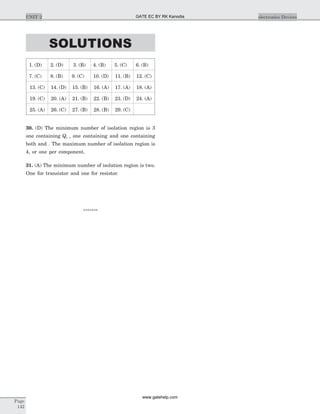 SOLUTIONS
1. (D) 2. (D) 3. (B) 4. (B) 5. (C) 6. (B)
7. (C) 8. (B) 9. (C) 10. (D) 11. (B) 12. (C)
13. (C) 14. (D) 15. (B) 16. (A) 17. (A) 18. (A)
19. (C) 20. (A) 21. (B) 22. (B) 23. (D) 24. (A)
25. (A) 26. (C) 27. (B) 28. (B) 29. (C)
30. (D) The minimum number of isolation region is 3
one containing Q1 , one containing and one containing
both and . The maximum number of isolation region is
4, or one per component.
31. (A) The minimum number of isolation region is two.
One for transistor and one for resistor.
*******
Page
142
UNIT 2 electronics DevicesGATE EC BY RK Kanodia
www.gatehelp.com
 