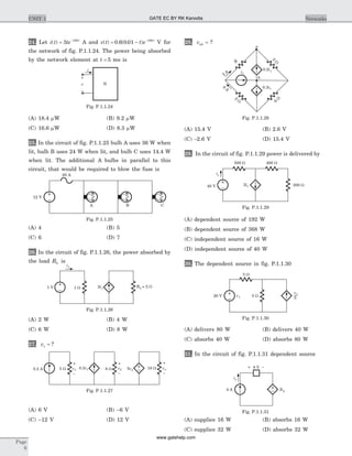 24. Let i t te t
( ) = -
3 100
A and v t t e t
( ) . ( . )= - -
0 6 0 01 100
V for
the network of fig. P.1.1.24. The power being absorbed
by the network element at t = 5 ms is
(A) 18.4 mW (B) 9.2 mW
(C) 16.6 mW (D) 8.3 mW
25. In the circuit of fig. P.1.1.25 bulb A uses 36 W when
lit, bulb B uses 24 W when lit, and bulb C uses 14.4 W
when lit. The additional A bulbs in parallel to this
circuit, that would be required to blow the fuse is
(A) 4 (B) 5
(C) 6 (D) 7
26. In the circuit of fig. P.1.1.26, the power absorbed by
the load RL is
(A) 2 W (B) 4 W
(C) 6 W (D) 8 W
27. vo = ?
(A) 6 V (B) -6 V
(C) -12 V (D) 12 V
28. vab = ?
(A) 15.4 V (B) 2.6 V
(C) -2.6 V (D) 15.4 V
29. In the circuit of fig. P.1.1.29 power is delivered by
(A) dependent source of 192 W
(B) dependent source of 368 W
(C) independent source of 16 W
(D) independent source of 40 W
30. The dependent source in fig. P.1.1.30
(A) delivers 80 W (B) delivers 40 W
(C) absorbs 40 W (D) absorbs 80 W
31. In the circuit of fig. P.1.1.31 dependent source
(A) supplies 16 W (B) absorbs 16 W
(C) supplies 32 W (D) absorbs 32 W
Page
6
UNIT 1 Networks
20 A
A B C
12 V
Fig. P.1.1.25
i
v
+
–
N
Fig. P.1.1.24
i1
RL = 2 W2i11 V 1 W
Fig. P.1.1.26
0.2 A 5 W v1
+
–
v2
+
–
8 W0.3v1 18 W vo
+
–
5v2
Fig. P.1.1.27
a
b
2
A
2
W
6
W
2
W
0.2i1i1
0.3i1
R
8
A
Fig. P.1.1.28
500 W
ix
400 W
200 W40 V 2ix
Fig. P.1.1.29
5 W
20 V 5 W
v1
v1 5
Fig. P.1.1.30
ix
8 V+ –
2ix4 A
Fig. P.1.1.31
GATE EC BY RK Kanodia
www.gatehelp.com
 