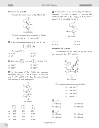 Statement for Q.22–23:
Consider the circuit shown in fig. P3.2.22–33.
The both transistor have parameter as follows
VTN = 0 8. V, ¢ =kn 30 mA / V2
22. If the width-to-length ratios of M1 and M2 are
W
L
W
L
æ
è
ç
ö
ø
÷ =
æ
è
ç
ö
ø
÷ =
1 2
40
The output Vo is
(A) -2.5 V (B) 2.5 V
(C) 5 V (D) 0 V
23. If the ratio is
W
L
æ
è
ç
ö
ø
÷ =
1
40 and
W
L
æ
è
ç
ö
ø
÷ =
2
15, then Vo is
(A) 2.91 V (B) 2.09 V
(C) 3.41 V (D) 1.59 V
24. In the circuit of fig. P3.324. the transistor
parameters are VTN = 1 V and ¢ =kn 36 mA / V2
. If ID = 0 5.
mA, V1 5= V and V2 2= V then the width to-length
ratio required in each transistor is
W
L
æ
è
ç
ö
ø
÷
1
W
L
æ
è
ç
ö
ø
÷
2
W
L
æ
è
ç
ö
ø
÷
3
(A) 1.75 6.94 27.8
(B) 4.93 10.56 50.43
(C) 35.5 22.4 8.53
(D) 56.4 38.21 12.56
25. The transistors in the circuit of fig. P3.3.25 have
parameter VTN = 0 8. V, ¢ =kn 40 mA / V2
and l = 0. The
width-to-length ratio of M2 is ( )W
L 2
1= . If Vo = 0 10. V
when Vi = 5 V, then ( )W
L 1
for M1 is
(A) 47.5 (B) 28.4
(C) 40.5 (D) 20.3
Statement for Q.26–27:
All transistors in the circuit in fig. P3.3.26–27
have parameter VTN = 1 V and l = 0.
The conduction parameter are as follows:
Kn1 400= mA / V2
Kn 2 200= mA / V2
Kn 3 100= mA / V2
Kn 4 80= mA / V2
26. ID1 = ?
(A) 0.23 mA (B) 0.62 mA
(C) 0.46 mA (D) 0.31 mA
27. ID4 = ?
(A) 0.62 mA (B) 0.31 mA
(C) 0.46 mA (D) 0.92 mA
Page
170
UNIT 3 Analog Electronics
M1
V1
V2
+5 V
M2
M3
Fig. P3.3.24
M1
Vo
+5 V
M2
Fig. P3.3.22-23
M1
Vo
Vi
+5 V
M2
Fig. P3.3.25
+5 V
M1
ID1
ID4
-5 V
RD
RG
M4
M3M2
Fig. P3.3.26–27
GATE EC BY RK Kanodia
www.gatehelp.com
 