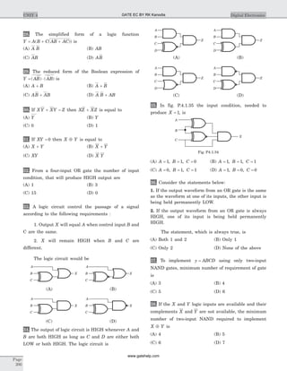 28. The simplified form of a logic function
Y A B C AB AC= + +( ( )) is
(A) A B (B) AB
(C) AB (D) AB
29. The reduced form of the Boolean expression of
Y AB AB= ×( ) ( ) is
(A) A B+ (B) A B+
(C) AB AB+ (D) A B AB+
30. If X Y XY Z+ = then XZ XZ+ is equal to
(A) Y (B) Y
(C) 0 (D) 1
31. If XY = 0 then X YÅ is equal to
(A) X Y+ (B) X Y+
(C) XY (D) X Y
32. From a four-input OR gate the number of input
condition, that will produce HIGH output are
(A) 1 (B) 3
(C) 15 (D) 0
33. A logic circuit control the passage of a signal
according to the following requirements :
1. Output X will equal A when control input B and
C are the same.
2. X will remain HIGH when B and C are
different.
The logic circuit would be
34. The output of logic circuit is HIGH whenever A and
B are both HIGH as long as C and D are either both
LOW or both HIGH. The logic circuit is
35. In fig. P.4.1.35 the input condition, needed to
produce X = 1, is
(A) A B C= = =1 1 0, , (B) A B C= = =1 1 1, ,
(C) A B C= = =0 1 1, , (D) A B C= = =1 0 0, ,
36. Consider the statements below:
1. If the output waveform from an OR gate is the same
as the waveform at one of its inputs, the other input is
being held permanently LOW.
2. If the output waveform from an OR gate is always
HIGH, one of its input is being held permanently
HIGH.
The statement, which is always true, is
(A) Both 1 and 2 (B) Only 1
(C) Only 2 (D) None of the above
37. To implement y ABCD= using only two-input
NAND gates, minimum number of requirement of gate
is
(A) 3 (B) 4
(C) 5 (D) 6
38. If the X and Y logic inputs are available and their
complements X and Y are not available, the minimum
number of two-input NAND required to implement
X YÅ is
(A) 4 (B) 5
(C) 6 (D) 7
Page
200
UNIT 4 Digital Electronics
XB
C
A
XB
C
A
(A) (B)
XB
C
A
XB
C
A
(C) (D)
C
D
B
A
Z
C
D
B
A
Z
(A) (B)
C
D
B
A
Z
C
D
B
A
Z
(C) (D)
B
C
A
X
Fig. P4.1.34
GATE EC BY RK Kanodia
www.gatehelp.com
 
