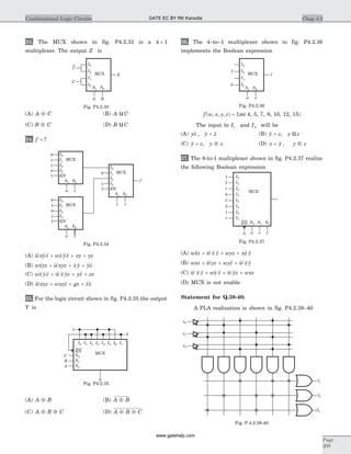 33. The MUX shown in fig. P4.2.33 is a 4 1´
multiplexer. The output Z is
(A) A CÅ (B) A Cu
(C) B CÅ (D) B Cu
34. f = ?
(A) wxyz wx yz xy yz+ + +
(B) wxyz wxyz x y yz+ + +
(C) wx yz w x yz yz zx+ + +
(D) wxyz wxyz gz zx+ + +
35. For the logic circuit shown in fig. P4.2.35 the output
Y is
(A) A BÅ (B) A BÅ
(C) A B CÅ Å (D) A B CÅ Å
36. The 4–to–1 multiplexer shown in fig. P4.2.36
implements the Boolean expression
f w x y z( , , , ) ( , , , , , , )= Sm 4 5 7 8 10 12 15
The input to I1 and I3 will be
(A) yz y z, + (B) y z y z+ , u
(C) y z y z+ Å, (D) x y y z+ Å,
37. The 8-to-1 multiplexer shown in fig. P4.2.37 realize
the following Boolean expression
(A) wxz w x z wyz xy z+ + +
(B) wxz wyz wyz w x y+ + +
(C) w x z wy z w yz wxz+ + +
(D) MUX is not enable
Statement for Q.38-40:
A PLA realization is shown in fig. P4.2.38–40
Chap 4.2Combinational Logic Circuits
Page
209
x
f
w
z
0 I0
I1
I2
I3
S1 S0
MUX
Fig. P4.2.36
A
B
C
Y
0
1
MUX
EN
S0
S1
S2
I0 I1 I2 I3 I4 I5 I6 I7
Fig. P4.2.35
0
0
0
1
1
1
1
0
1
1
0
1
1
EN
y z
xw
I0
I1
I2
I3
S1 S0
MUX
EN
xw
I0
I1
I2
I3
S1 S0
MUX
EN
f
I0
I1
I2
I3
S1 S0
MUX
Fig. P4.2.34
I0
I1
I2
I3
S1 S0
ZMUX
C
C
A B
Fig. P4.2.33
z
w x
1
0
y0
MUX
EN S0S1S2
I0
I1
I2
I3
I4
I5
I6
I7
z
1
z
z
0
Fig. P4.2.37
X
f1
f2
f3
x0
x1
x2
X
X XX
X XX
Fig. P.4.2.38-40
GATE EC BY RK Kanodia
www.gatehelp.com
 
