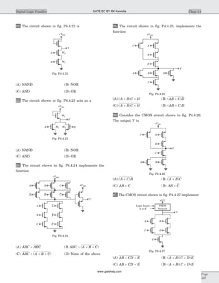 22. The circuit shown in fig. P4.4.22 is
(A) NAND (B) NOR
(C) AND (D) OR
23. The circuit shown in fig. P4.4.23 acts as a
(A) NAND (B) NOR
(C) AND (D) OR
24. The circuit shown in fig. P4.4.24 implements the
function
(A) ABC ABC+ (B ABC A B C+ + +( )
(C) ABC A B C+ + +( ) (D) None of the above
25. The circuit shown in fig. P4.4.25. implements the
function
(A) ( )A B C D+ + (B) ( )AB C D+
(C) ( )A B C D+ + (D) ( )AB C D+
26. Consider the CMOS circuit shown in fig. P4.4.26.
The output Y is
(A) ( )A C B+ (B) ( )A B C+
(C) AB C+ (D) AB C+
27. The CMOS circuit shown in fig. P4.4.27 implement
(A) AB CD E+ + (B) ( )( )A B C D E+ +
(C) AB CD E+ + (D) ( )( )A B C D E+ +
Chap 4.4Digital Logic Families
Page
227
Y
B
+VDD
M3
M1A M2
Fig. P4.4.23
+VDD
+VDD
Y
A
A
B
B
C
C
A B C
A
B
C
Fig. P4.4.24
+VDD
B
C
Y
C
A B
A
D
D
Fig. P4.4.25
+VDD
B
C
Y
C
A B
A
Fig. P4.4.26
A B
C D
Y
PMOS
Network
+5 V
E
Logic Input
toA E
Fig. P4.4.27
+VDD
Y
A
B
M2
M1
Fig. P4.4.22
GATE EC BY RK Kanodia
www.gatehelp.com
 