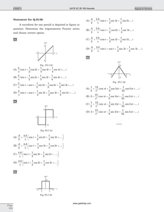 Statement for Q.33-36:
A waveform for one peroid is depicted in figure in
question. Determine the trigonometric Fourier series
and choose correct option.
33.
(A)
2 1
2
2
1
3
3
1
4
4
p
(cos cos cos cos ....)t t t t+ + + +
(B)
2 1
2
2
1
3
3
1
4
4
p
(sin sin sin sin ....)t t t t- + - +
(C)
2 1
2
2
1
2
2
1
3
3
p
(sin cos sin cos sin ....)t t t t t+ - - + +
(D)
2 1
3
3
1
3
3
1
5
5
p
(sin cos sin cos sin ....)t t t t t+ + + + +
34.
(A)
A A
t t t
2
4 1
2
2
1
3
3+ + + +
æ
è
ç
ö
ø
÷
p
sin sin sin ....
(B)
A A
t t t
2
4 1
3
3
1
5
5+ + + +
æ
è
ç
ö
ø
÷
p
cos cos cos ....
(C)
4 1
3
3
1
5
5
A
t t t
p
sin sin sin ....+ + +
æ
è
ç
ö
ø
÷
(D)
4 1
2
2
1
3
3
A
t t t
p
cos cos cos ....+ + +
æ
è
ç
ö
ø
÷
35.
(A)
A A
t t t
2
2 1
3
3
1
5
5+ - +
p
(sin sin sin ....)
(B)
A A
t t t
2
2 1
2
2
1
3
3+ - +
p
(cos cos cos ....)
(C)
A A
t t t
2
2 1
3
3
1
5
5+ - +
p
(cos cos cos ....)
(D)
A A
t t t t
2
2 1
3
3
1
3
3+ + + +
p
(sin cos sin cos ....)
36.
(A)
1
2
12 1
9
3
1
25
52
+ + + +
p
p p p(cos cos cos ....)t t t
(B) 3
12 1
9
3
1
25
52
+ + + +
p
p p p(cos cos cos ....)t t t
(C)
1
2
12 1
9
3
1
25
52
+ - + -
p
p p p(sin sin sin ....)t t t
(D) 3
12 1
9
3
1
25
52
+ - + -
p
p p p(sin sin sin ....)t t t
*****
Page
312
UNIT 5 Signal & System
x t( )
p t
-p
A
-A
Fig. P5.7.34
2 2
-p p
x t( )
p t-p
A
Fig. P5.7.35
x t( )
2
-1
-1
1 t
Fig. P5.7.36
x t( )
1
-1
p t
-p
Fig. P5.7.33
GATE EC BY RK Kanodia
www.gatehelp.com
 