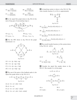 (A)
G H
H G G H
1 2
1 1 2 21( )+
(B)
G G H
H G G H
1 2 2
1 1 2 21( )+
(C)
G G
H H G G
2 1
1 2 1 21 +
(D)
G G
H G G H
1 2
1 1 2 21( )+
12. In the signal flow graph shown in fig. P6.1.12 the
sum of loop gain of non-touching loops is
(A) t t t32 23 44+ (B) t t t t23 32 34 43+
(C) t t t t24 43 32 44+ (D) t t t t t23 32 34 43 44+ +
13. For the SFG shown in fig. P.6.1.14 the graph
determinant D is
(A) 1 - - - +bc fg bcfg cigj
(B) 1 - - - +bc fg cigj bcfg
(C) 1 + + + -bc fg cig j bcfg
(D) 1 + + + -bc fg bcfg cigj
14. The sum of the gains of the feedback paths in the
signal flow graph shown in fig. P.6.1.13 is
(A) af be cd abef bcde+ + + +
(B) af be cd+ +
(C) af be cd abef abcdef+ + + +
(D) af be cd cbef bcde abcdef+ + + + +
15. A closed-loop system is shown in fig. P.6.1.15. The
noise transfer function C s N sn ( ) ( ) is approximately
(A)
1
1 1G s H s( ) ( )
For | |G s H s H s1 1 2 1( ) ( ) ( ) <<
(B)
1
1-H s( )
For | |G s H s H s1 1 2 1( ) ( ) ( ) >>
(C)
1
1 2H s H s( ) ( )
For | |G s H s H s1 1 2 1( ) ( ) ( ) >>
(D)
1
1 1 2G s H s H s( ) ( ) ( )
For | |G s H s H s1 1 2 1( ) ( ) ( ) <<
16. The overall transfer function C
R
of the system shown
in fig. P.6.1.16 will be
(A) G (B)
G
H1 2+
(C)
G
H H( )( )1 11 2+ +
(D)
G
H H1 1 2+ +
17. Consider the signal flow graphs shown in fig.
P6.1.17. The transfer 2 is of the graph
(A) a (B) b
(C) b and c (D) a b, and c
Chap 6.1Transfer Function
Page
327
R s( ) 1 G1
-H2 H1
C s( )
N s( )
1
Fig. P.6.1.15
G
-H2
C
1R
-H1
Fig. P.6.1.16
1 a b c 1
def
Fig. P.6.1.14
11
a
b
-c
d
hj
f
-g
i
e
Fig. P.6.1.13
t12
t32 t43
t44
t45 t56t34t23
x3x1
x2 x4
t24
x5 x6
t25
Fig. P.6.1.12
1 1 1
1
1
1 1
1 1
1
2
1
2
1
2
1
2
Fig. P.6.1.17
GATE EC BY RK Kanodia
www.gatehelp.com
 