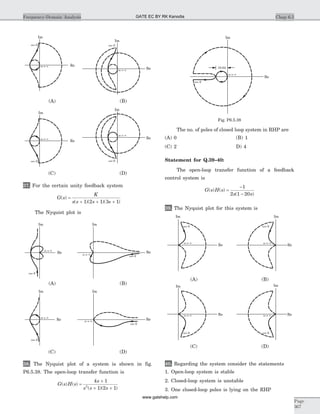 37. For the certain unity feedback system
G s
K
s s s s
( )
( )( )( )
=
+ + +1 2 1 3 1
The Nyquist plot is
38. The Nyquist plot of a system is shown in fig.
P6.5.38. The open-loop transfer function is
G s H s
s
s s s
( ) ( )
( )( )
=
+
+ +
4 1
1 2 12
The no. of poles of closed loop system in RHP are
(A) 0 (B) 1
(C) 2 D) 4
Statement for Q.39–40:
The open-loop transfer function of a feedback
control system is
G s H s
s s
( ) ( )
( )
=
-
-
1
2 1 20
39. The Nyquist plot for this system is
40. Regarding the system consider the statements
1. Open-loop system is stable
2. Closed-loop system is unstable
3. One closed-loop poles is lying on the RHP
Chap 6.5Frequency-Domain Analysis
Page
367
w ¥=
w= 0
Im
Re
w ¥=
w= 0
Im
Re
(A) (B)
Im
Re
w ¥=
w ¥=
w= 0
w= 0
Im
Re
(A) (B)
w ¥=
w ¥=
w= 0
w= 0
Im
Re
Im
Re
(C) (D)
w ¥=
w= 0
Im
Re w ¥=
w= 0
Im
Re
(C) (D)
Im
Re
10.64
w ¥=
w= 0
Fig. P6.5.38
w ¥=
w= 0
Im
Re
w ¥=
w= 0
Im
Re
(A) (B)
w ¥=
w= 0
Im
Re
w ¥=
w= 0
Im
Re
(C) (D)
GATE EC BY RK Kanodia
www.gatehelp.com
 