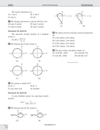 The correct statements are
(A) 1 and 2 (B) 1 and 3
(C) only 2 (D) All
41. The Nyquist plot shown in the fig. P6.5.41 is for
(A) type–0 system (B) type–1 system
(C) type–2 system (D) type–3 system
Statement for Q.42–43:
The open-loop transfer function of a feedback
system is
G s H s
K s
s
( ) ( )
( )
( )
=
+
-
1
1
42. The Nyquist plot of this system is
43. The system is stable for K
(A) K > 1 (B) K < 1
(C) any value of K (D) unstable
Statement for Q.44–46:
A unity feedback system has open-loop transfer
function
G s
s s s
( )
( )( )
=
+ +
1
2 1 1
44. The Nyquist plot for the system is
45. The phase crossover and gain crossover frequencies
are
(A) 1.414 rad/sec, 0.57 rad/sec
(B) 1.414 rad/sec, 1.38 rad/sec
(C) 0.707 rad/sec, 0.57 rad/sec
(D) 0.707 rad/sec, 1.38 rad/sec
46. The gain margin and phase margin are
(A) -3.52 dB, - °168 5. (B) -3.52 dB, 11 6. °
(C) 3.52 dB, - °168 5. (D) 3.52 dB, 11 6. °
****************
Page
368
UNIT 6 Control & System
w ¥=
w= 0
Im
Re
w ¥=
w= 0
Im
Re
3
3 2
2
(A) (B)
w ¥=
w= 0
Im
Re
w ¥=
w= 0
Im
Re
-3-2
23
(C) (D)
Im
Rew ¥=w= 0
Im
Rew ¥=w= 0
(A) (B)
Im
Re
w ¥=w= 0
Im
Rew ¥=w= 0
(C) (D)
GATE EC BY RK Kanodia
www.gatehelp.com
 