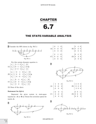 1. Consider the SFG shown in fig. P6.7.1
For this system dynamic equation is
(A)
&
&
&
x
x
x
x
x
x
1
2
3
1
2
3
3 1 2
0 1 1
3 2 1
é
ë
ê
ê
ê
ù
û
ú
ú
ú
=
é
ë
ê
ê
ê
ù
û
ú
ú
ú
é
ë
ê
ê
ê
ù
û
ú
ú
ú
+
é
ë
ê
ê
ê
ù
û
ú
ú
ú
0
0
1
u
(B)
&
&
&
x
x
x
x
x
x
1
2
3
1
2
3
0 1 0
0 0 1
3 2 1
é
ë
ê
ê
ê
ù
û
ú
ú
ú
=
- - -
é
ë
ê
ê
ê
ù
û
ú
ú
ú
é
ë
ê
ê
ê
ù
û
ú
ú
ú
+
é
ë
ê
ê
ê
ù
û
ú
ú
ú
0
0
1
u
(C)
&
&
&
x
x
x
x
x
x
1
2
3
1
2
3
0 1 0
0 0 1
3 2 1
é
ë
ê
ê
ê
ù
û
ú
ú
ú
=
-
-
é
ë
ê
ê
ê
ù
û
ú
ú
ú
é
ë
ê
ê
ê
ù
û
ú
ú
ú
+
é
ë
ê
ê
ê
ù
û
ú
ú
ú
0
0
1
u
(D) None of the above
Statement for Q.2–4:
Represent the given system in state-space
equation &x A x B u= × + × . Choose the correction option for
matrix A.
2.
(A)
-
-
-
é
ë
ê
ê
ê
ù
û
ú
ú
ú
2 1 0
0 2 0
0 0 3
(B)
2 1 0
0 2 0
0 0 3
-é
ë
ê
ê
ê
ù
û
ú
ú
ú
(C)
2 1 2
0 2 0
3 0 0
-
-
-
é
ë
ê
ê
ê
ù
û
ú
ú
ú
(D)
0 1 2
0 2 0
3 0 0
-é
ë
ê
ê
ê
ù
û
ú
ú
ú
3.
(A)
1 0 2
0 2 0
3 0 0
-
-
-
é
ë
ê
ê
ê
ù
û
ú
ú
ú
(B)
-é
ë
ê
ê
ê
ù
û
ú
ú
ú
1 0 2
0 2 0
3 0 0
(C)
-
-
-
é
ë
ê
ê
ê
ù
û
ú
ú
ú
2 0 1
0 2 0
0 0 3
(D)
2 0 1
0 2 0
0 0 3
-é
ë
ê
ê
ê
ù
û
ú
ú
ú
4.
CHAPTER
6.7
THE STATE-VARIABLE ANALYSIS
Page
376
u 1 x3 x2 x1
y
-1
-2
-3
1
1
s
1
s
1
s
Fig. P6.7.1
x3
x2 x1
y
1
u -2-2
-3
1
s
1
s
1
s
1
5
5
Fig. P6.7.2
x3
y
u -2
x1
-2
-3
x2
1
1
s
1
s
1
s1
1
5
5
5
Fig. P6.7.3
1 x1x3 x2 y1 1 1
-3 -4
2
u
1
s
1
s
1
s
Fig. P6.7.4
GATE EC BY RK Kanodia
www.gatehelp.com
 