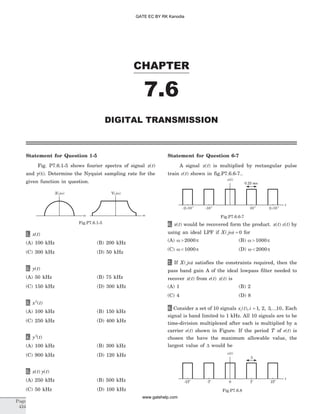 Statement for Question 1-5
Fig. P7.6.1-5 shows fourier spectra of signal x t( )
and y(t). Determine the Nyquist sampling rate for the
given function in question.
1. x t( )
(A) 100 kHz (B) 200 kHz
(C) 300 kHz (D) 50 kHz
2. y t( )
(A) 50 kHz (B) 75 kHz
(C) 150 kHz (D) 300 kHz
3. x t2
( )
(A) 100 kHz (B) 150 kHz
(C) 250 kHz (D) 400 kHz
4. y t3
( )
(A) 100 kHz (B) 300 kHz
(C) 900 kHz (D) 120 kHz
5. x t y t( ) ( )
(A) 250 kHz (B) 500 kHz
(C) 50 kHz (D) 100 kHz
Statement for Question 6-7
A signal x t( ) is multiplied by rectangular pulse
train c t( ) shown in fig.P7.6.6-7..
6. x t( ) would be recovered form the product. x t( ) c t( ) by
using an ideal LPF if X j( )w = 0 for
(A) w p> 2000 (B) w p> 1000
(C) w < p1000 (D) w < p2000
7. If X j( )w satisfies the constraints required, then the
pass band gain A of the ideal lowpass filter needed to
recover x t( ) from e t x t( ) ( ) is
(A) 1 (B) 2
(C) 4 (D) 8
8. Consider a set of 10 signals x t ii( ), , , ,... .= 1 2 3 10 . Each
signal is band limited to 1 kHz. All 10 signals are to be
time-division multiplexed after each is multiplied by a
carrier e t( ) shown in Figure. If the period T of e t( ) is
chosen the have the maximum allowable value, the
largest value of D would be
CHAPTER
7.6
DIGITAL TRANSMISSION
Page
434
X j( )w
w
Y( )jw
w
Fig.P7.6.1-5
2 10´ -3
-2 10´ -3
10-3
-10-3
t
0.25 ms
c t( )
Fig.P7.6.6-7
2T-2T T-T 0
D
t
c t( )
Fig.P7.6.8
GATE EC BY RK Kanodia
www.gatehelp.com
 
