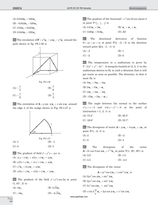 (A) 0 043 100. u uq + f
(B) - - f0 043 100. u uq
(C) 110 0 043u uq + f.
(D) 0 043 100. u uq - f
36. The circulation of F u u u= - -x xz yx y z
2 2
around the
path shown in fig. P8.1.36 is
(A) -
1
3
(B)
1
6
(C) -
1
6
(D)
1
3
37. The circulation of A u u= f + frr cos sinz z around
the edge L of the wedge shown in Fig. P8.1.37 is
(A) 1 (B) -1
(C) 0 (D) 3
38. The gradient of field f y x xyz= +2
is
(A) y y z x y z xyx y z( ) ( )+ + + +u u u2
(B) y x z x x z xyx y z( ) ( )2 + + + +u u u
(C) y yx xyx y z
2
2u u u+ +
(D) y y z x y z xyx y z( ) ( )2 2+ + + +u u u
39. The gradient of the field f z= fr2
2cos at point
( , , )1 45 2° is
(A) 4uf (B) 4 2uf
(C) - f4u (D) - f4 2u
40. The gradient of the functionG r= f3
2 2sin sin sinq q
at point P ( , , )1
2
1
2
1
2
is
(A) 1 41 3. u ur + z (B) u u ux y z+ +
(C) 3 46 9 3. .u ur + q (D) All
41. The directional derivative of function
F = + +xy yz zx at point P(3, - -3 3, ) in the direction
toward point Q(4, -1, -1) is
(A) -3 (B) 1
(C) -2 (D) 0
42. The temperature in a auditorium is given by
T x y z= + -2 22 2 2
. A mosquito located at (2, 2, 1) in the
auditorium desires to fly in such a direction that it will
get warm as soon as possible. The direction, in that it
must fly is
(A) 8 8 4u u ux y z+ -
(B) 2 2u u ux y z+ -
(C) 4 4 4u u ux y z+ -
(D) - + -( )2 2u u ux y z
43. The angle between the normal to the surface
x y z2
3+ = and x z yln - = -2
4 at the point of
intersection (-1, 2, 1) is
(A) 73.4° (B) 36.3°
(C) 16.6° (D) 53.7°
44. The divergence of vector A u u u= + +yz xy yx y z4 at
point P(1, -2, 3) is
(A) 2 (B) -2
(C) 0 (D) 4
45. The divergence of the vector
A u u= f + f2 1 2
r rrcos cosq at point P(1, 30°, 60°) is
(A) 2.6 (B) 1.5
(C) 4.5 (D) -4.5
46. The divergence of the vector
A u u= f + fr rz z z
2 2
cos sin is
(A) 2 2 2
r rz zcos sinf + fu u
(B) 2 2 2
r rz zcos sinf + fu u
(C) 2 2 2
z zcos sinf + fu ur
(D) z z z zsin cos sin2 2 2f
+ f + ff
r
rru u u
Page
460
ElectromagneticsUNIT 8
y
x
L
0 2
60
o
Fig. P8.1.37
y
x
z
1
1
1
Fig. P8.1.36
GATE EC BY RK Kanodia
www.gatehelp.com
 