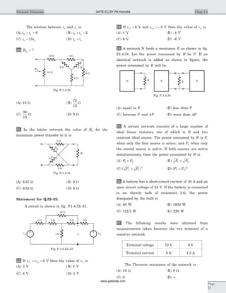 The relation between ia and ib is
(A) i ib a= + 6 (B) i ib a= + 2
(C) i ib a= 15. (D) i ib a=
30. Req = ?
(A) 18 W (B)
72
13
W
(C)
36
13
W (D) 9 W
31. In the lattice network the value of RL for the
maximum power transfer to it is
(A) 6.67 W (B) 9 W
(C) 6.52 W (D) 8 W
Statement for Q.32–33:
A circuit is shown in fig. P.1.4.32–33.
32. If v vs s1 2 6= = V then the value of va is
(A) 3 V (B) 4 V
(C) 6 V (D) 5 V
33. If vs1 6= V and vs2 6= - V then the value of va is
(A) 4 V (B) -4 V
(C) 6 V (D) -6 V
34. A network N feeds a resistance R as shown in fig.
P1.4.34. Let the power consumed by R be P. If an
identical network is added as shown in figure, the
power consumed by R will be
(A) equal to P (B) less than P
(C) between P and 4P (D) more than 4P
35. A certain network consists of a large number of
ideal linear resistors, one of which is R and two
constant ideal source. The power consumed by R is P1
when only the first source is active, and P2 when only
the second source is active. If both sources are active
simultaneously, then the power consumed by R is
(A) P P1 2± (B) P P1 2±
(C) ( )P P1 2
2
± (D) ( )P P1 2
2
±
36. A battery has a short-circuit current of 30 A and an
open circuit voltage of 24 V. If the battery is connected
to an electric bulb of resistance 2 W, the power
dissipated by the bulb is
(A) 80 W (B) 1800 W
(C) 112.5 W (D) 228 W
37. The following results were obtained from
measurements taken between the two terminal of a
resistive network
Terminal voltage 12 V 0 V
Terminal current 0 A 1.5 A
The Thevenin resistance of the network is
(A) 16 W (B) 8 W
(C) 0 (D) ¥
Chap 1.4Network Theorems
Page
37
12 W 4 W
6 W 2 W
6 W
9 W
18 W
Req
Fig. P.1.4.30
RL
7 W
6
W
5
W
9 W
Fig. P.1.4.31
12 W
1 W 3 W 3 W 1W
1 W vs2vs1
–
+
va
Fig. P.1.4.32–33
N R N R N
Fig. P.1.4.34
GATE EC BY RK Kanodia
www.gatehelp.com
 